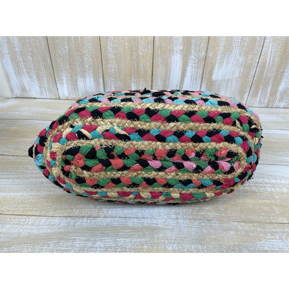 Jute Ethnic Colorful Hand Tote Bag w/ Leather Straps - Picture 4 of 9